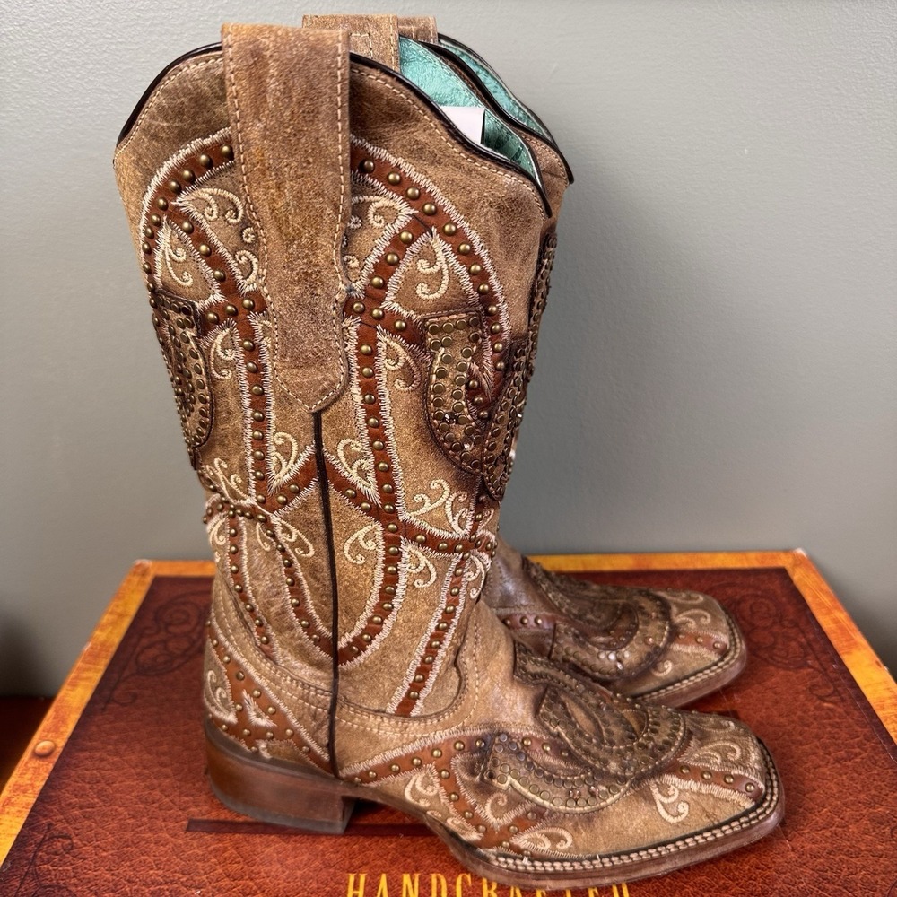Corral Western Boots Leather Horseshoe Embroidered‎ Studded Cowboy E1615 Sz 7